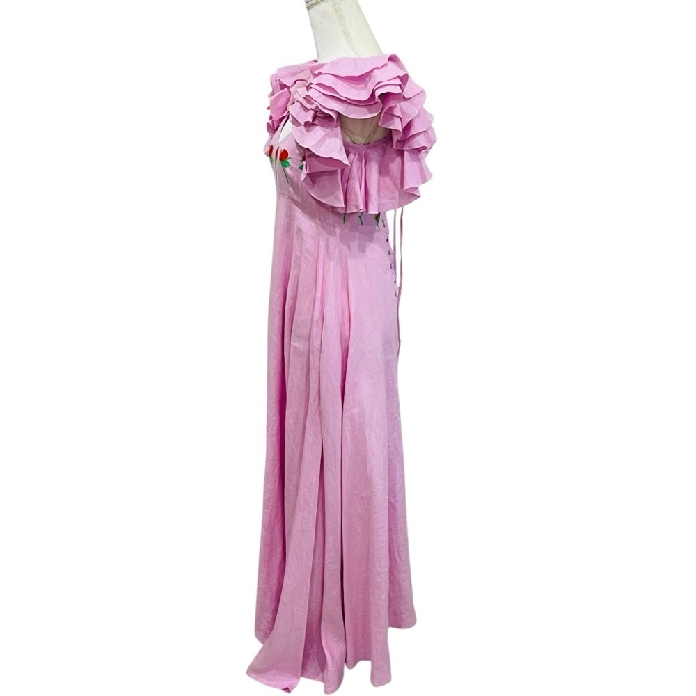 FANM MON Aster Pink Demre Linen Embroidered Maxi Dress Ruffle Sleeve NWT $357 - Picture 7 of 16